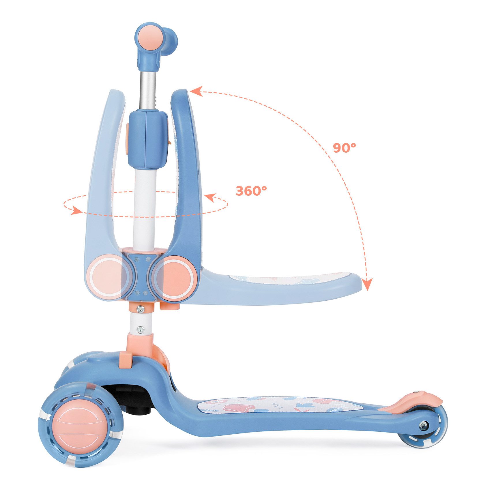 OUNUO Dreiradscooter 1009 Kinderroller mit LED und Sitz, höhenverstellbar, für 2 Jahren ab