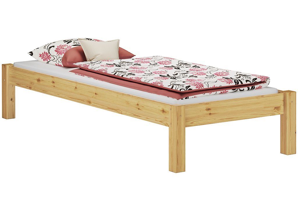 ERST-HOLZ Bett Holzbett ohne Kopfteil 100x200 mit Federleisten und Matratze, Kieferfarblos lackiert