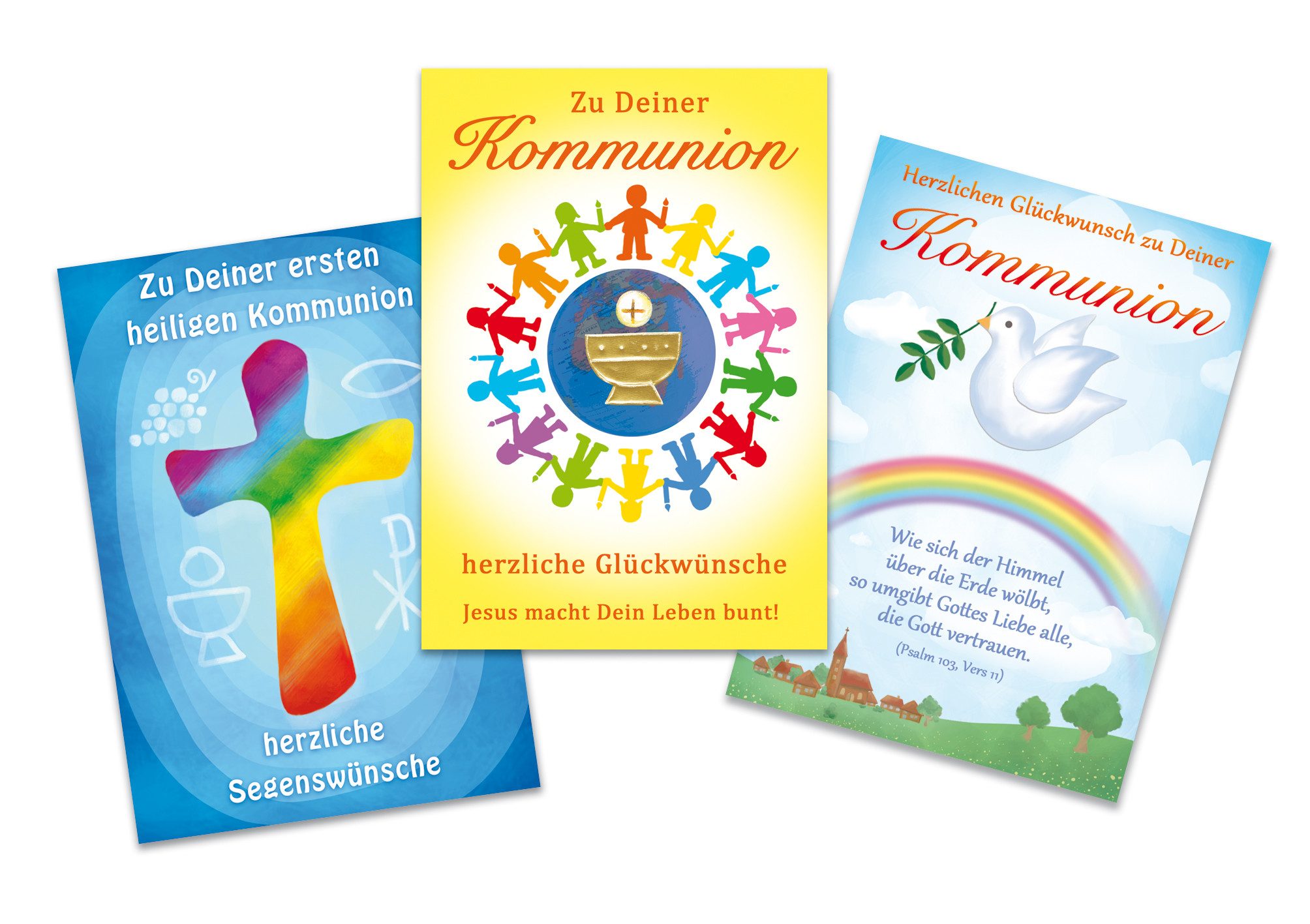 Perleberg Grußkarten Kommunion 3 Grußkarten im Format 115 x 17cm mit Umschlägen sortiert