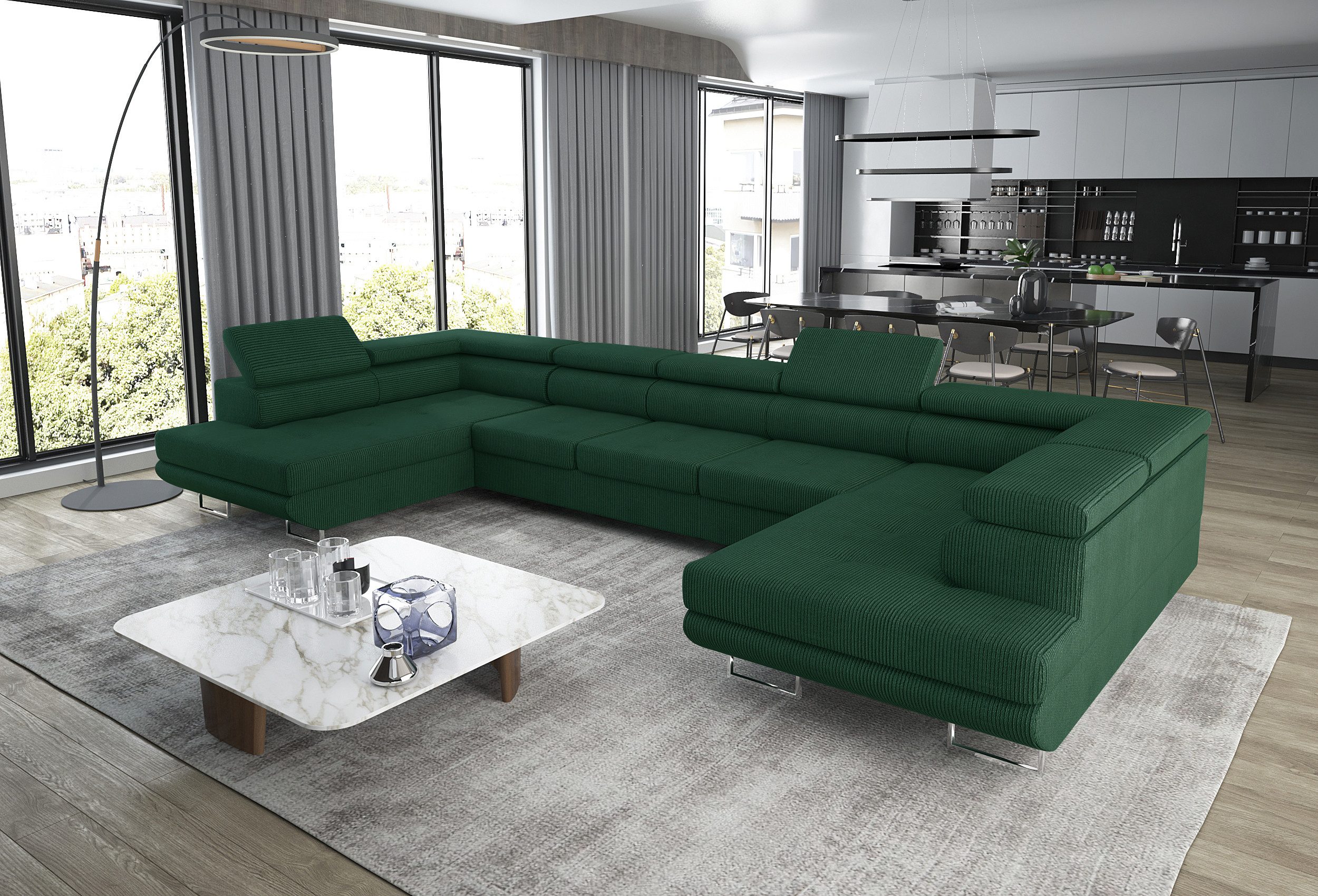 Goldstoff Wohnlandschaft "ASTON" U Form mit Schlaffunktion XXL Couch Sofa, Komfortable U Form Couch mit Bettkasten und Schlaffunktion 1 Teile, U Form Sofa mit Bettkasten moderne Wohnlandschaft Couch XXL