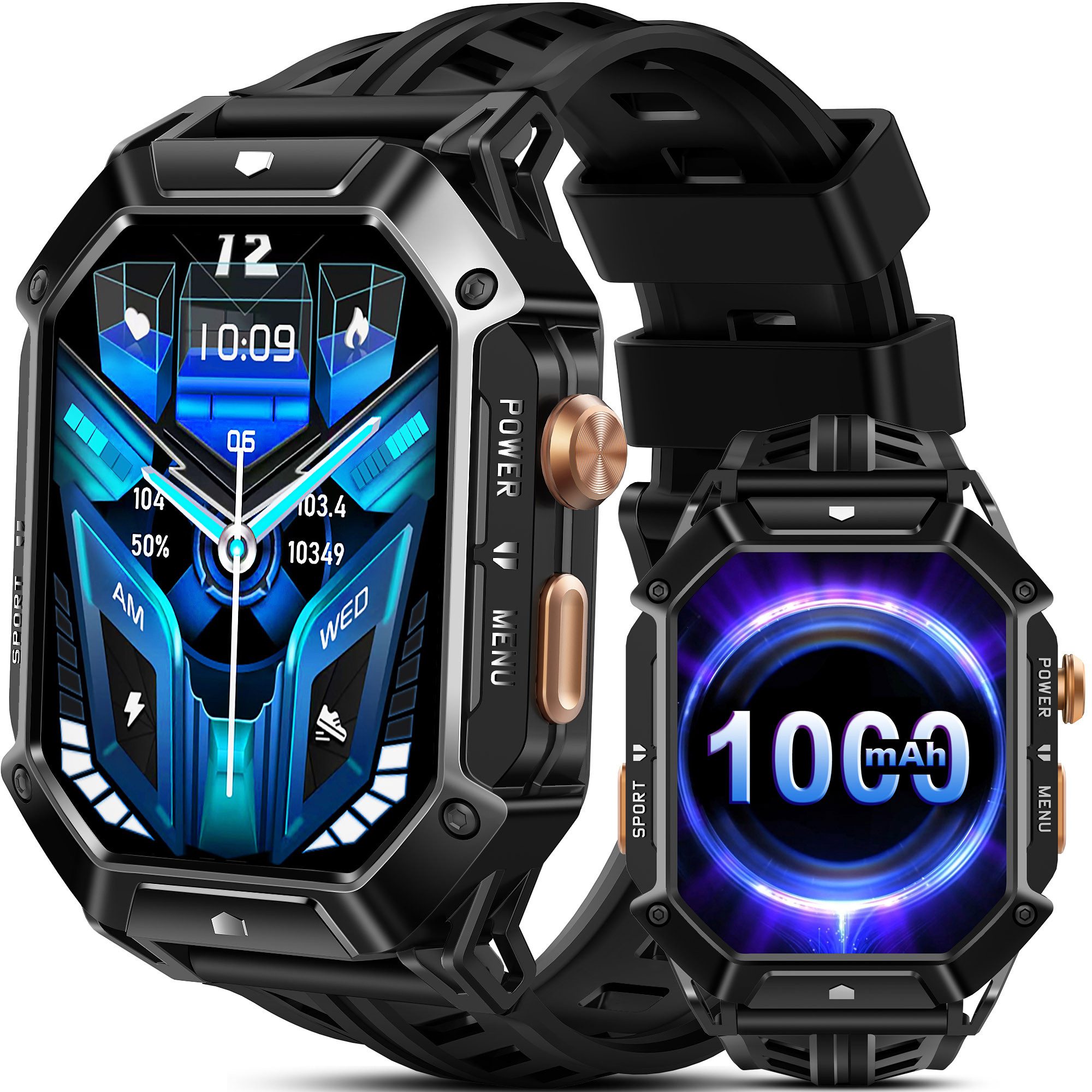 Bambooinn X1 1000mAh Akku Smartwatch Herren 2.13 " Amoled Display Smartwatch (5.41 cm/2,13 Zoll, Android IOS), mit Wechselarmband aus schwarzem Silikon, IP68 Wasserdicht Android und iOS, Schwarz