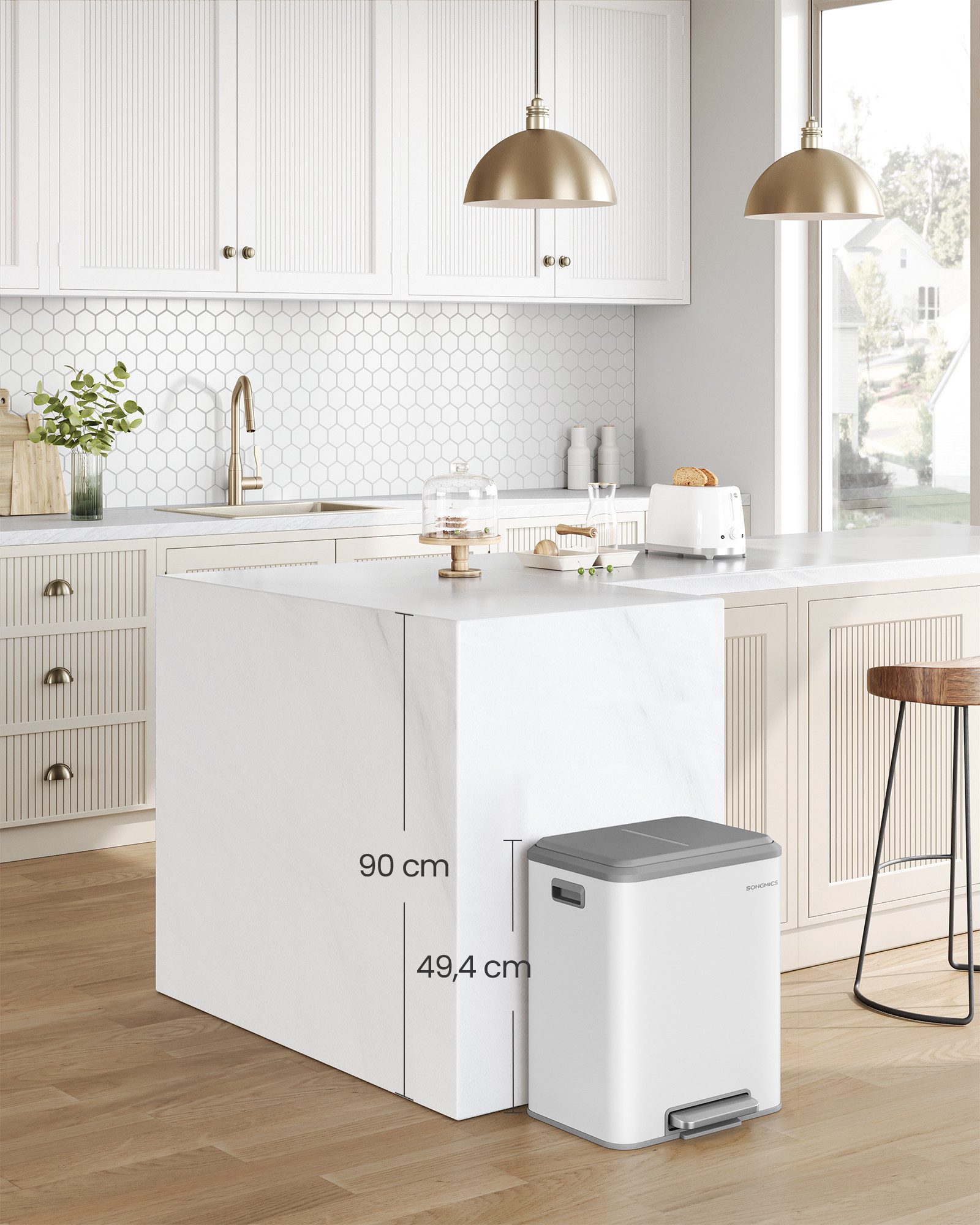 SONGMICS Mülleimer Abfalleimer, Inneneimer, Stahl, Softclose-Deckel, 30L, Küche, Mülltrennsystem 2 x 15 L, 2 Fächer für Recycling und Restmüll