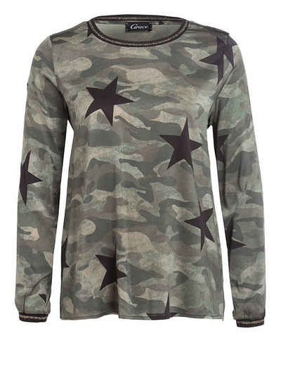 Grace Fashion Langarmshirt Seidenshirt Camouflage Camouflage mit Sternen Print