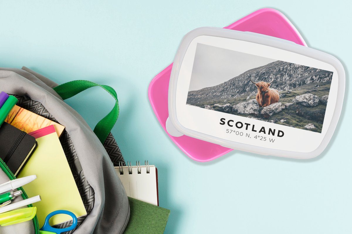 Kunststoff, Kinder, Lunchbox Schottland (2-tlg), Tiere, Brotdose MuchoWow - Erwachsene, für rosa Snackbox, - Brotbox Schottische Highlander Kunststoff Mädchen, Berge -