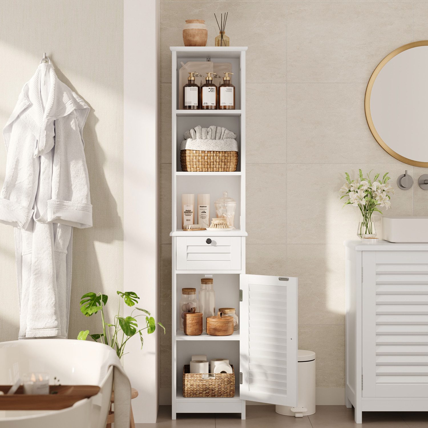 Bealife Badkommode Hochschrank Badschrank mit 3 offenen Fächern, 1 Schubladen, Weiß (2 verstellbaren Einlegeböden) – Bild 2 von 5