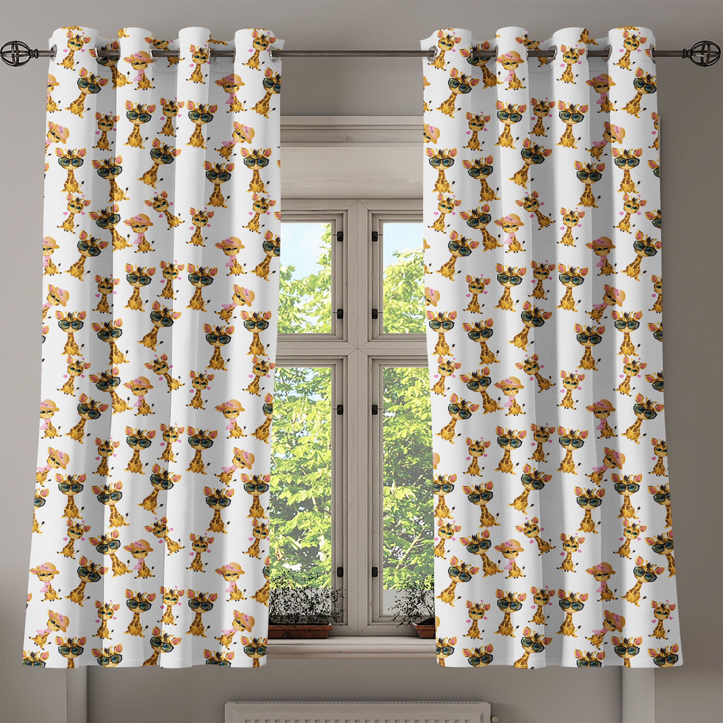 Charaktere Giraffe Romantische 2-Panel-Fenstervorhänge Abakuhaus, Gardine Schlafzimmer für Dekorative Wohnzimmer,