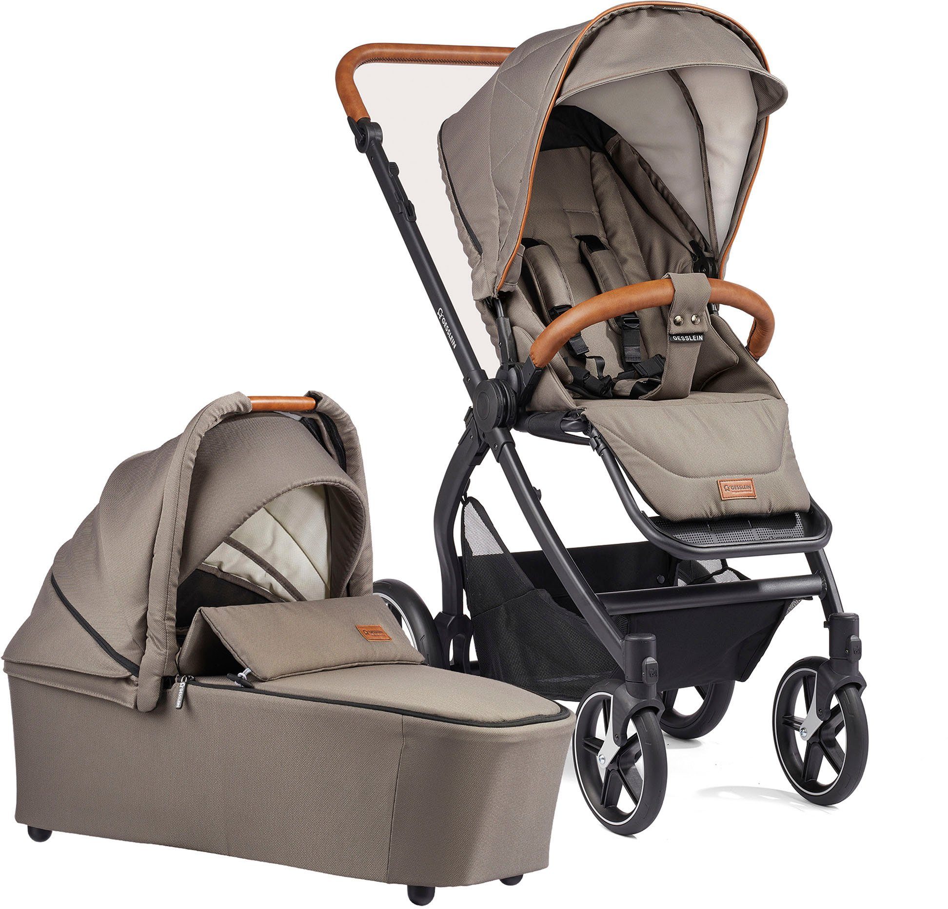 Gesslein Kombi-Kinderwagen FX4 Soft+ mit Aufsatz Style, taube/cognac, mit Babywanne C3 und Babyschalenadapter