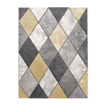 Teppich Gelb Grau Rauten Design 3-D Muster Wohnzimmer Pastellfarben Kurzflor, TT Home, Läufer, Höhe: 16 mm