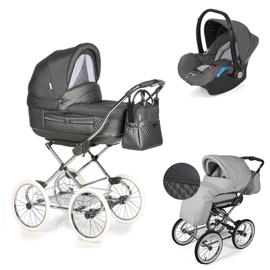 Roan Kombi-Kinderwagen Marita 3 in 1 inkl. Autositz - 13 Teile - in 4 Designs Schwarz (P-231) | Kombikinderwagen