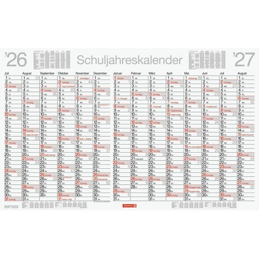Baier & Schneider Poster Schuljahreskalender 2026/2027 abwischbar, 750×470 mm