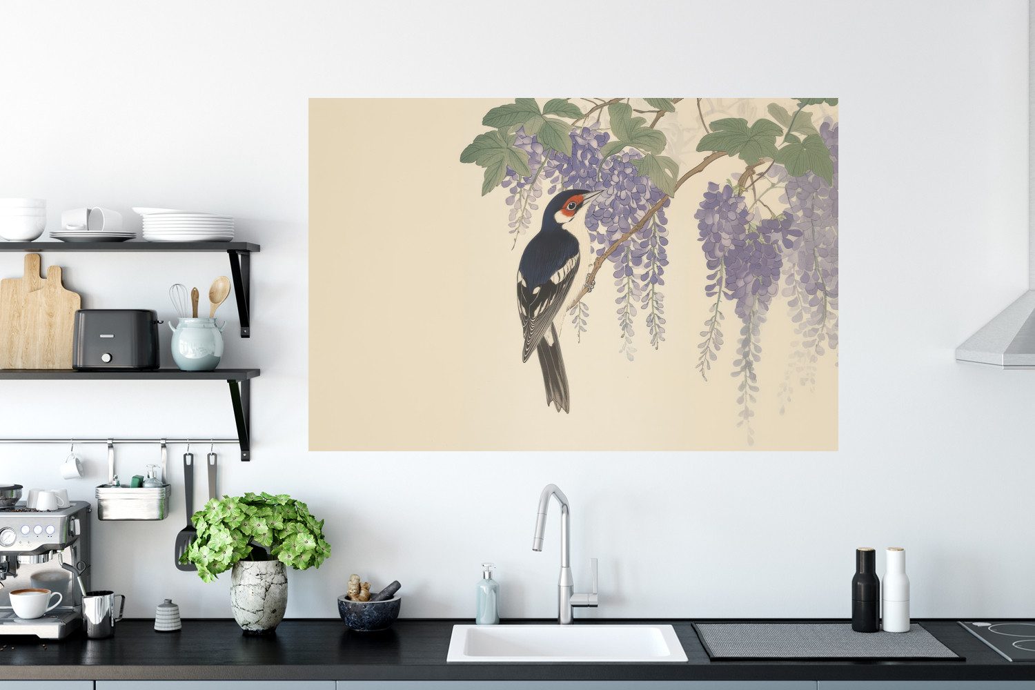 MuchoWow Wandsticker Specht - Blumen - Lila (1 St), Wanddeko, Aufkleber, Wandtattoo, 120x80 cm