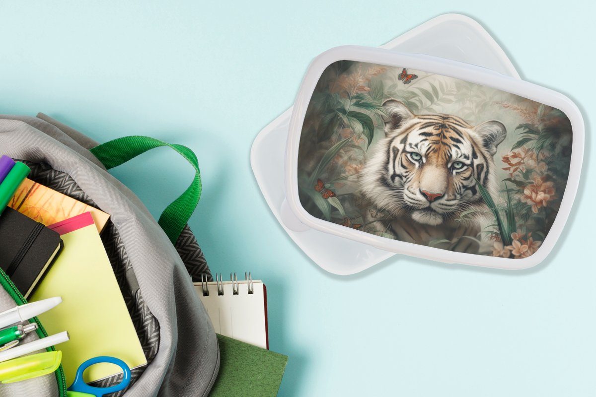 MuchoWow Lunchbox Tiger - Schmetterlinge (2-tlg), Brotbox Mädchen Brotdose, für und - Dschungel Blumen, Erwachsene, Kunststoff, Tiere und Jungs für weiß - - Kinder