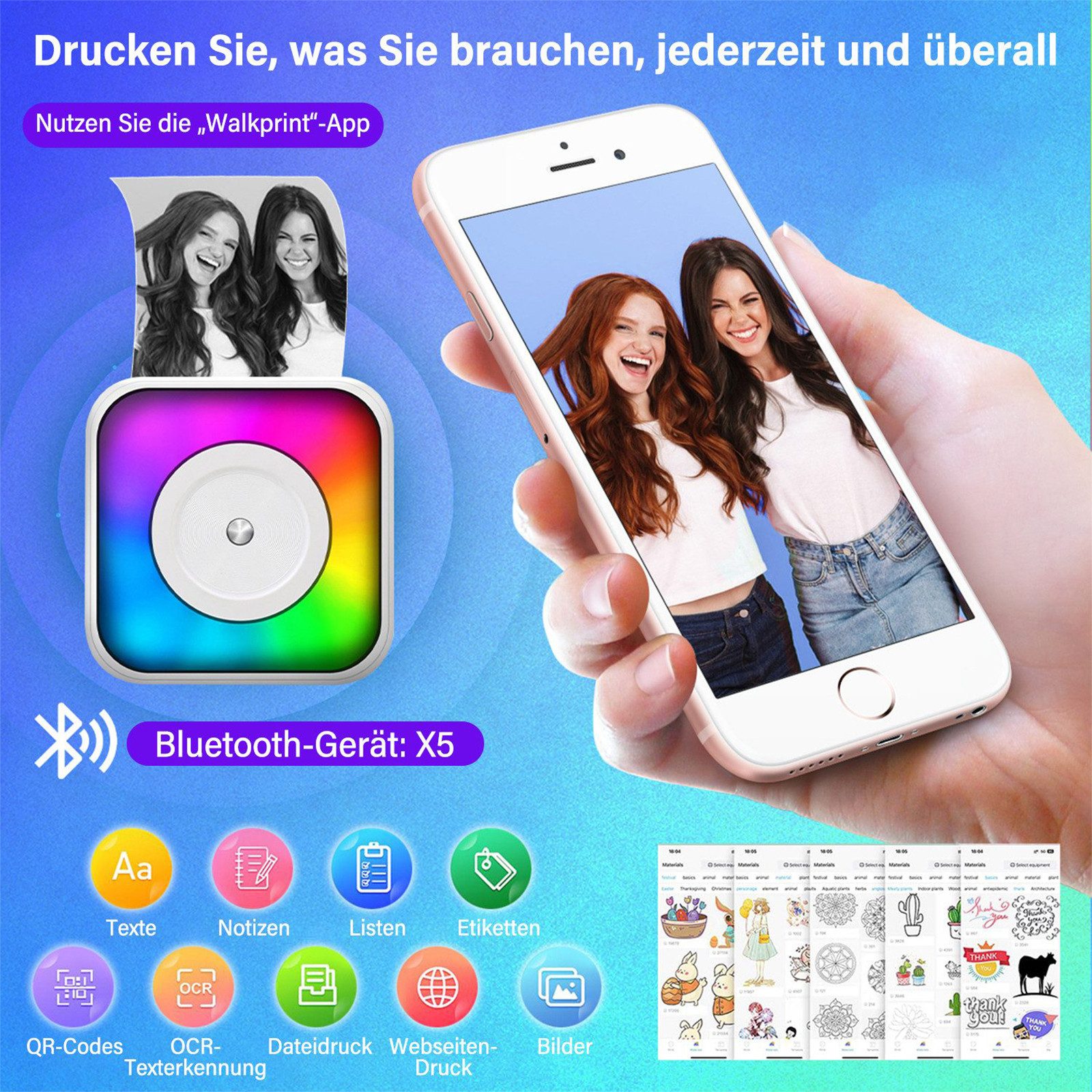MOPUEA Mini-Thermodrucker Bluetooth Farbwechselnd Set mit 13 Rollen Papier Etikettendrucker, (Kein Tintenbedarf, 203 DPI, OCR, tragbar, langlebiger Akku)