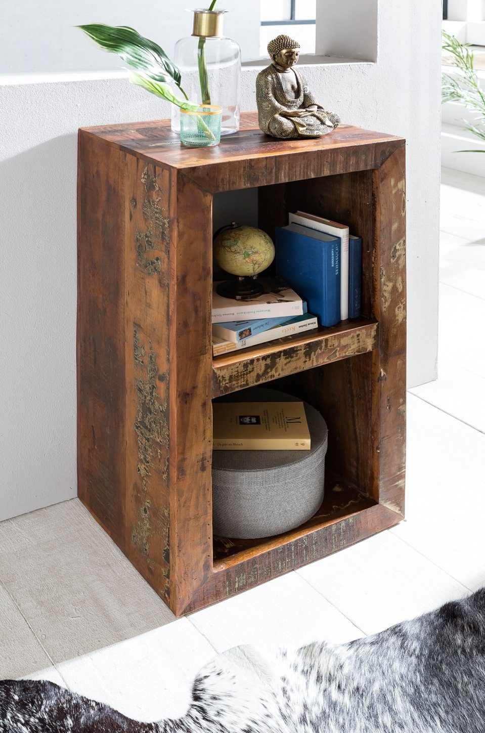 FINEBUY Standregal FB45283 Bücherregal KALKUTTA 45 x 35 x 90 cm Massiv Regal Cube, Holzregal Natur Rustikal, Kleines Bücherregal, Massivholz Mango Regal 90x45x35 cm Shabby Chic