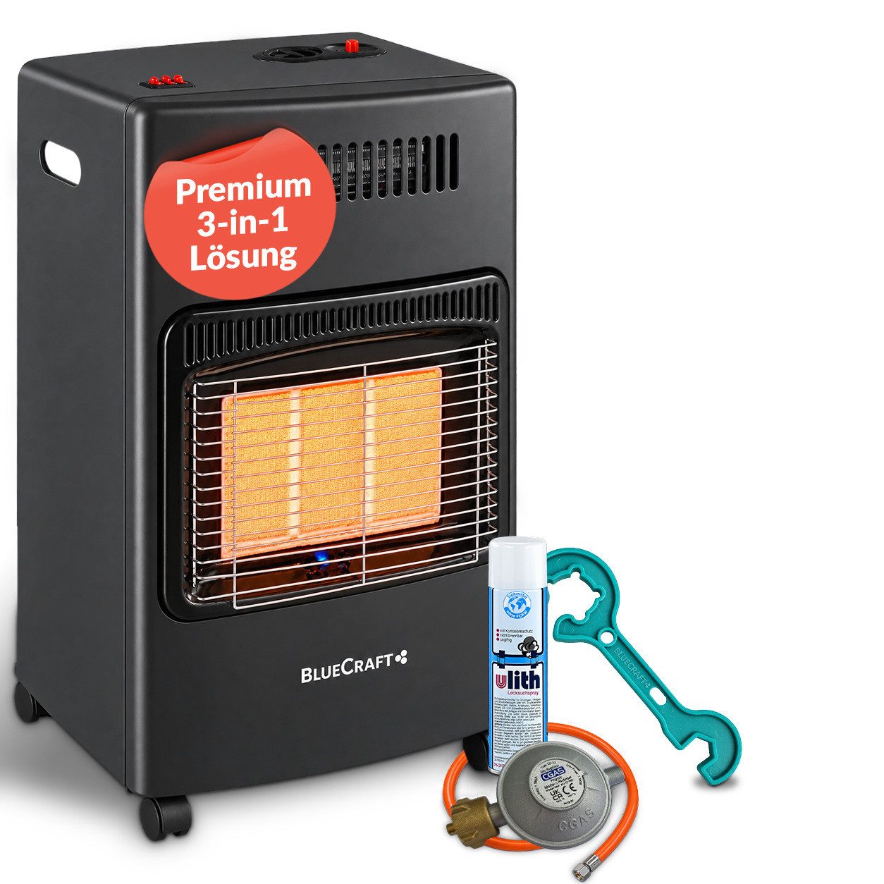 BlueCraft Heizstrahler Gasheizer Infrarot Gasofen Campingheizung Keramik, 4200 W, Druckminderer Gasregler Gas-Heizung für Gasflasche Elektroheizung