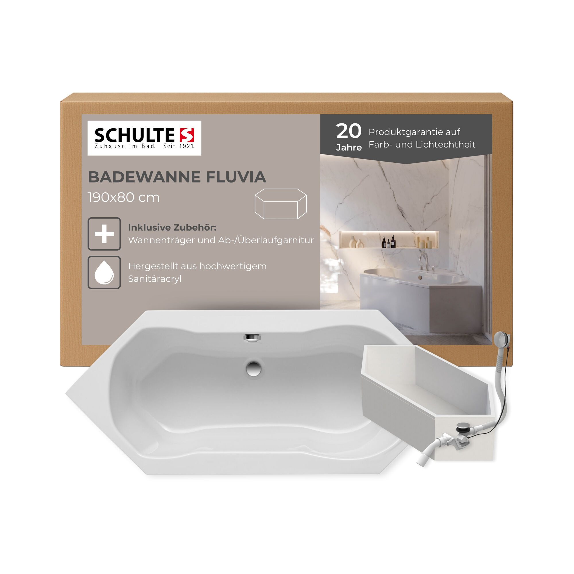 Schulte Badewanne Fluvia Sechseck 190x80 cm, Sanitäracryl Weiß Komplett-Set mit Wannenträger und Ablauf