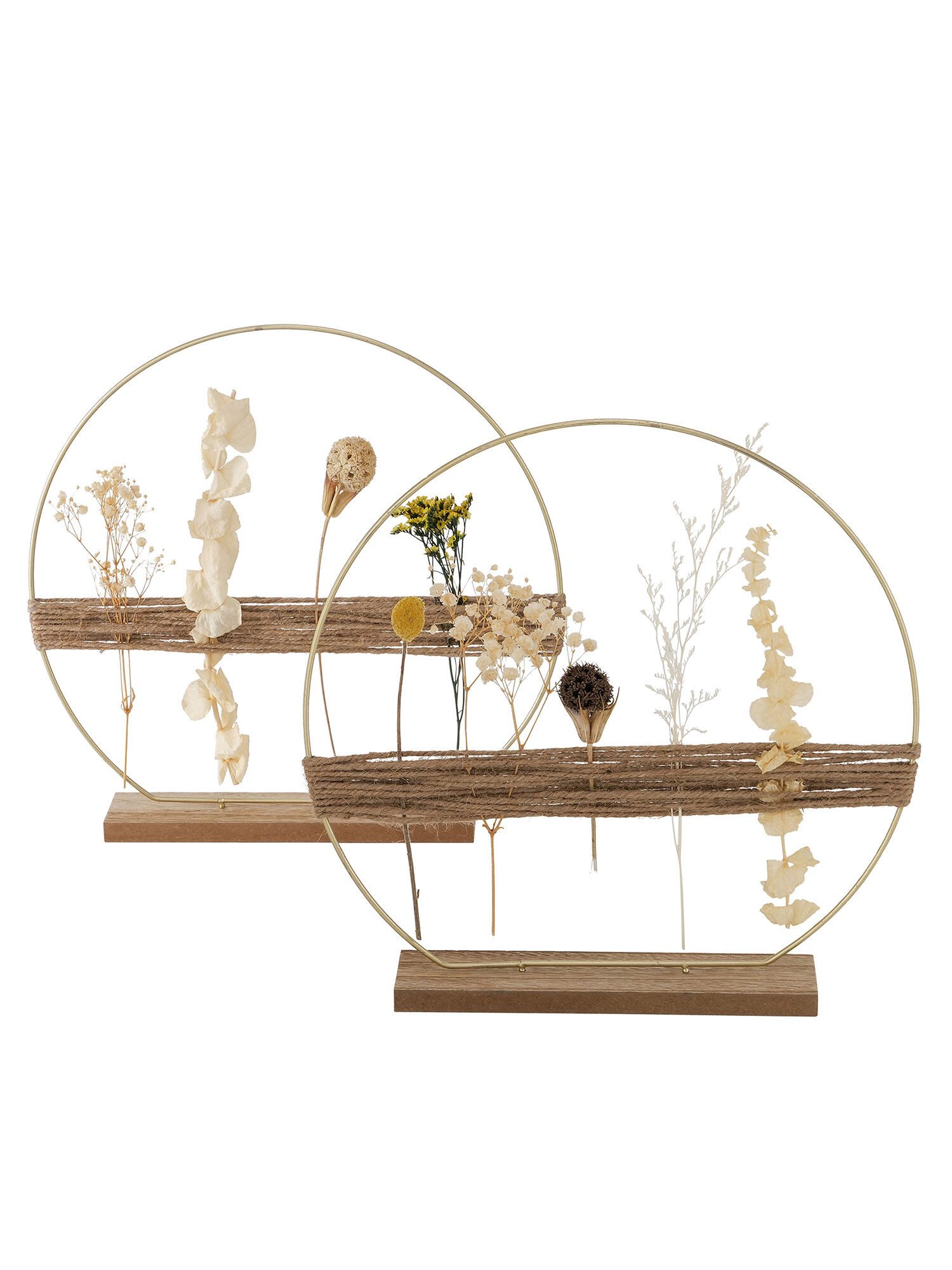 Dekorieren macht glücklich Dekoobjekt Dekoaufsteller „Felizia“ 2er-Set mit Trockenblumen (Verschiedene Höhen: 42 + 60 cm), Metallring auf Holzfuß, moderne Tisch- & Wohnraumdeko