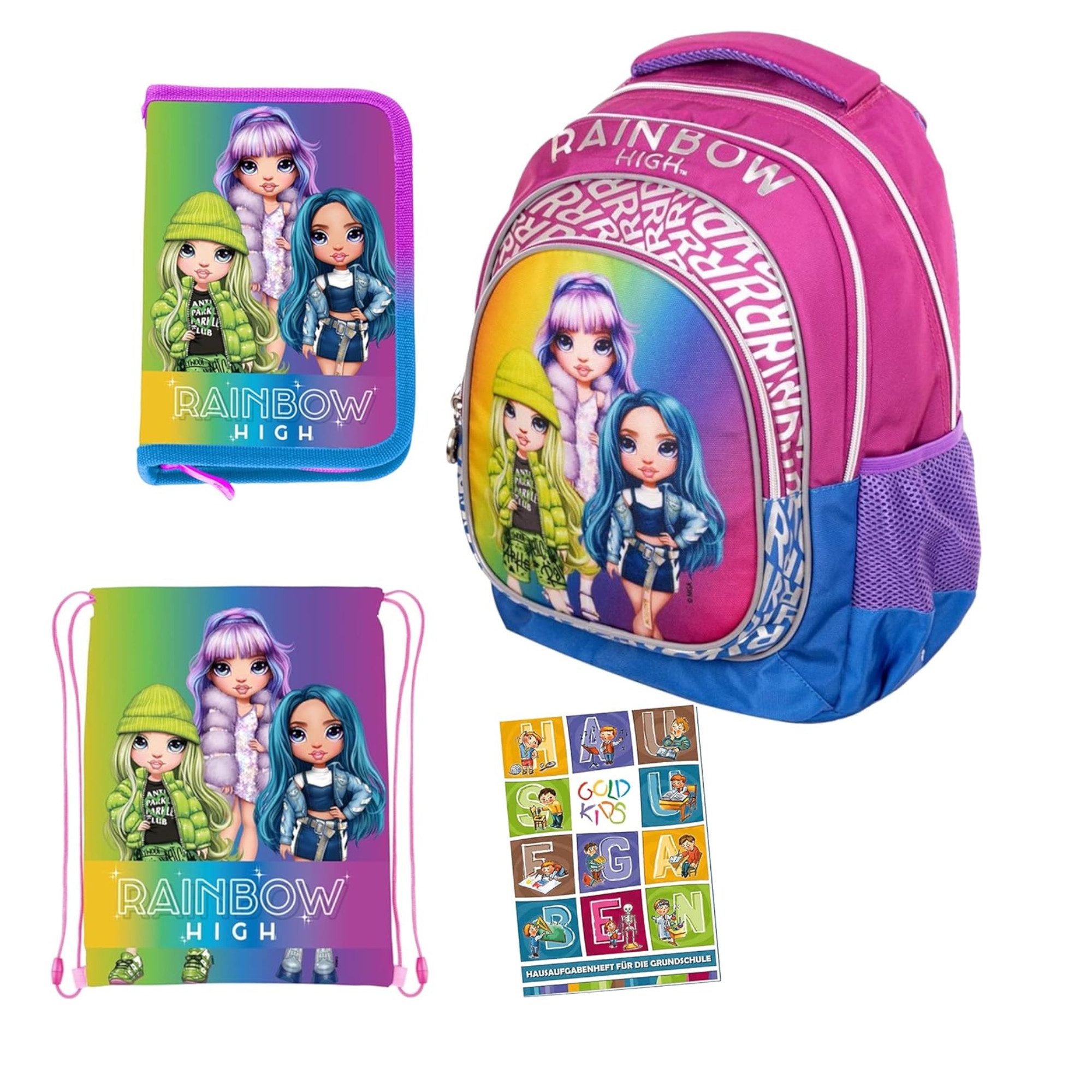 GOLDKIDS Ранці 4er Set Schulrucksack Rucksack Federmappe Turnbeutel (Aufgabenheft Rainbow High Motiv, 1-tlg., geeignet ab der ersten Klasse der), Grundschule