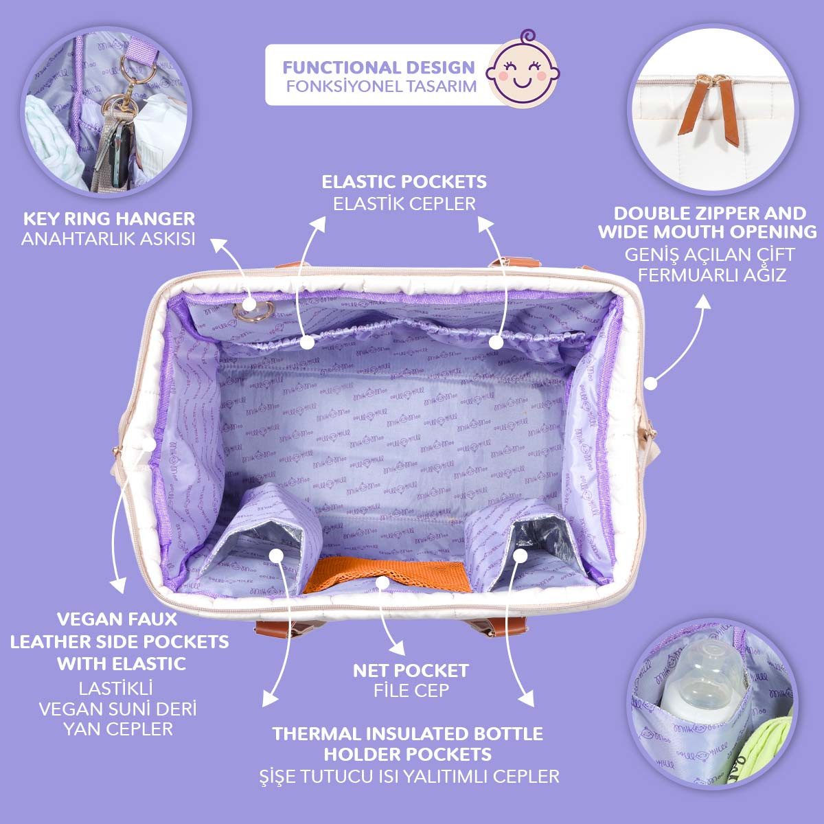 MILK&MOO Wickeltasche Milk&Moo Wickeltasche Auslaufsicher Baby Reisetasche Beige