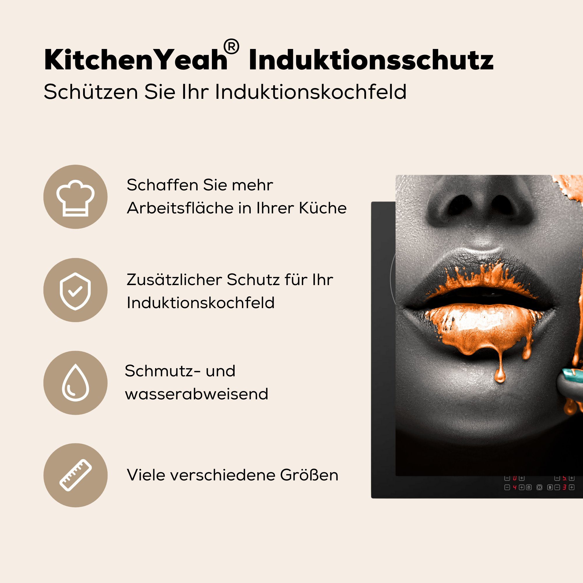 Ceranfeldabdeckung, tlg), Vinyl, Lippen cm, für - Orange - küche MuchoWow Arbeitsplatte Schwarz, Herdblende-/Abdeckplatte (1 78x78