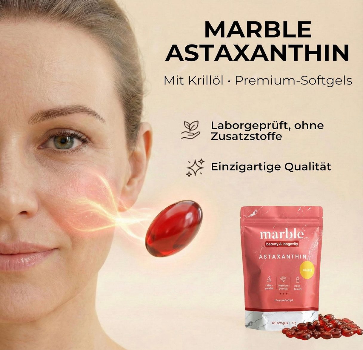 Marble Astaxanthin 12mg – 120 Softgels mit Krillöl, hochdosiert - marble® Kapseln, 77 g