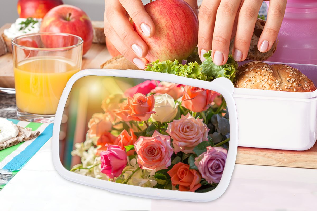 Farben, Kinder und und Lunchbox für Brotdose, Kunststoff, Mädchen Jungs weiß - Strauß - MuchoWow Erwachsene, (2-tlg), Brotbox für Rosen