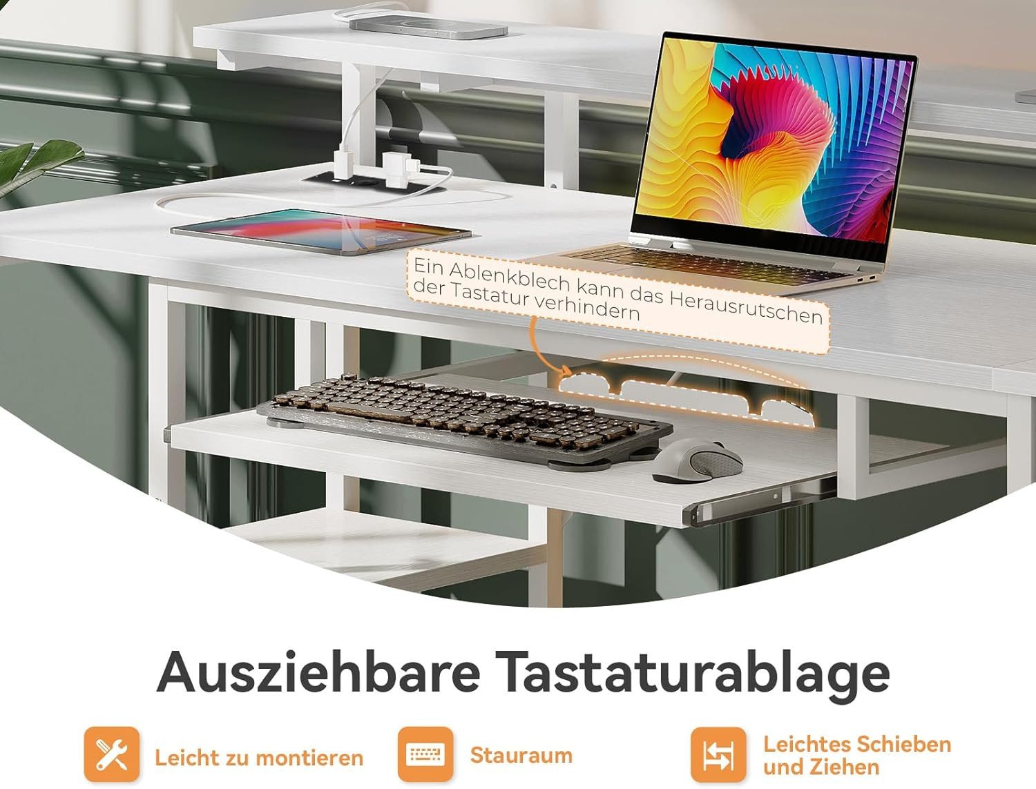 ODK Schreibtisch mit 4 Schubladen, Tastaturablage, Weiß, 140x52x92cm