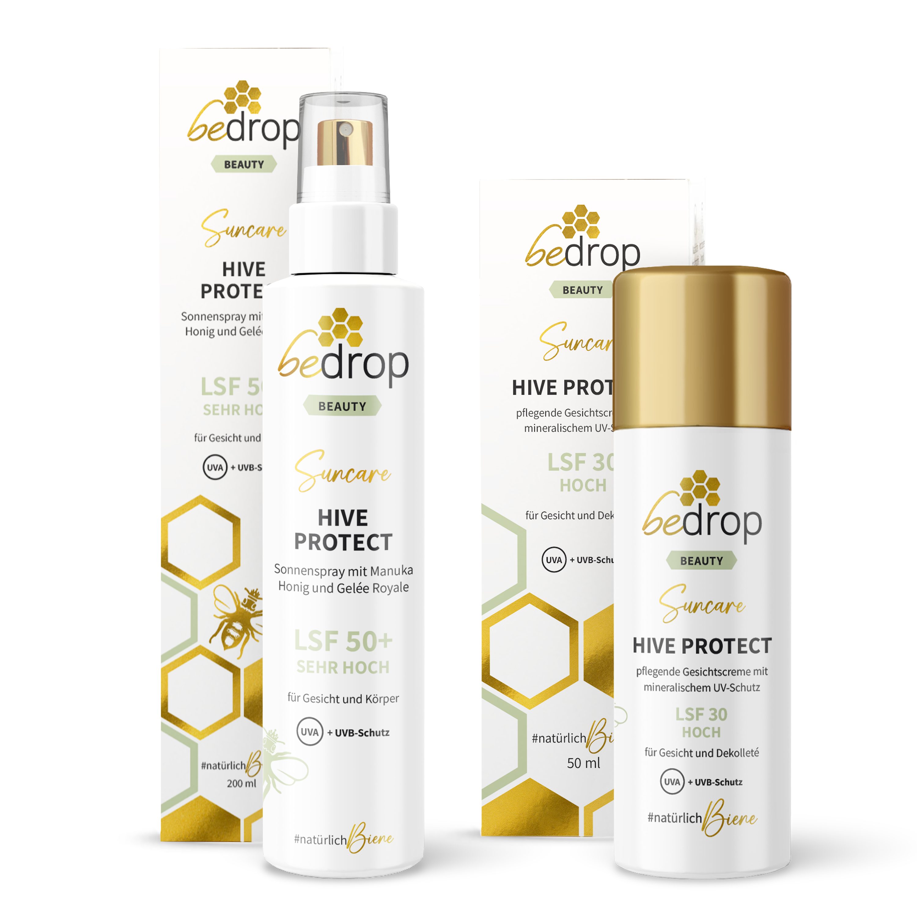 bedrop Sonnenschutzpflege Sonnenschutz Set: Hive Protect Sonnenspray LSF 50+ & LSF 30, Set, Dein natürliches Sonnenschutz-Duo für Körper & Gesicht
