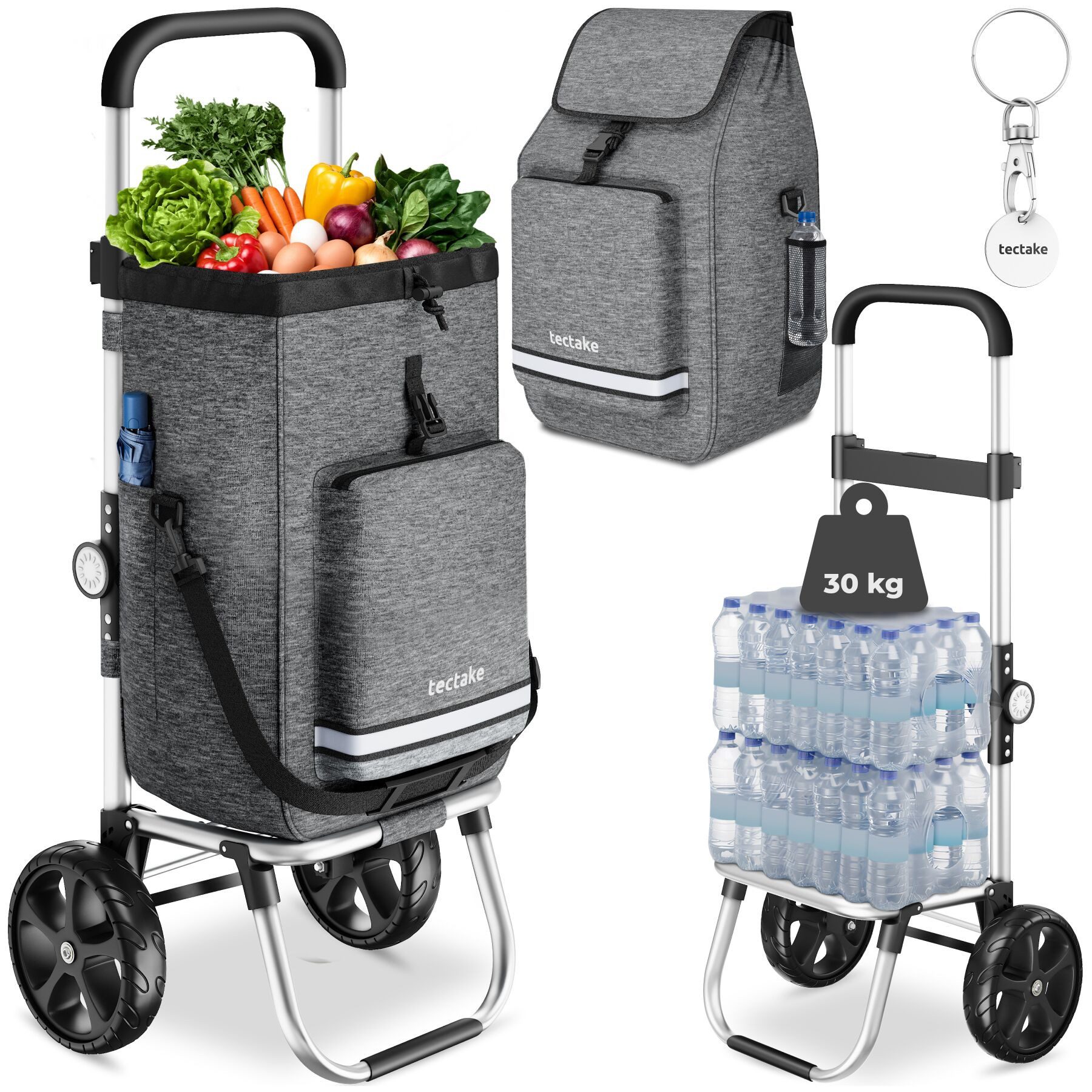 tectake Einkaufstrolley Tragtrolley 3-in-1 Inkl. Kühltasche und leichtgängige Profilräder, klappbares Aluminiumgestell mit abnehmbarem Bezug, verstellbar
