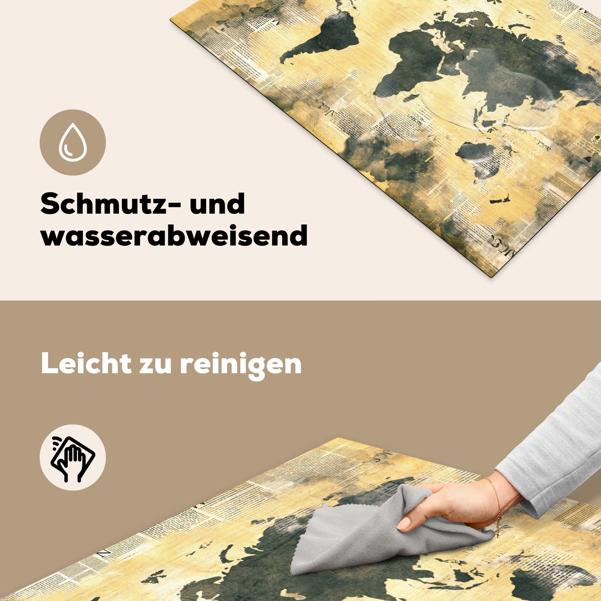 MuchoWow Herdblende-/Abdeckplatte Weltkarte - cm, 81x52 küche, tlg), Schutz (1 Gold für Induktionskochfeld die Zeitungen, Vinyl, Ceranfeldabdeckung 
