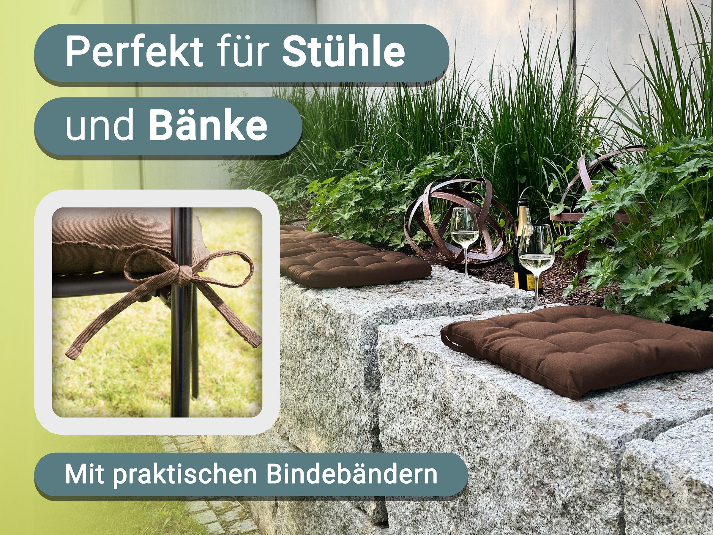 ZOLLNER Stuhlkissen, 40 x 40 x 3 cm, mit Bindebänder, für Indoor und Outdoor