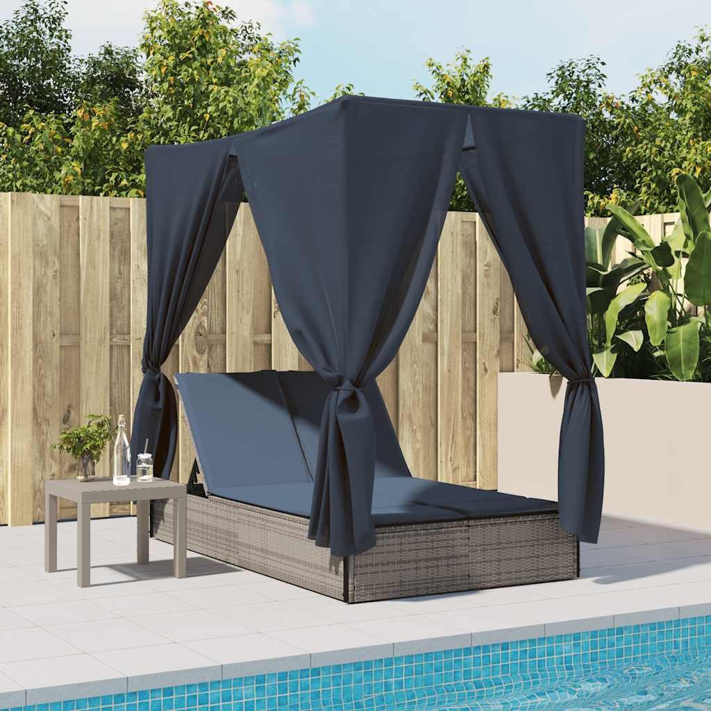 vidaXL Gartenliege Doppel-Sonnenliege mit Dach und Vorhängen Grau Poly Rattan, 1 St.