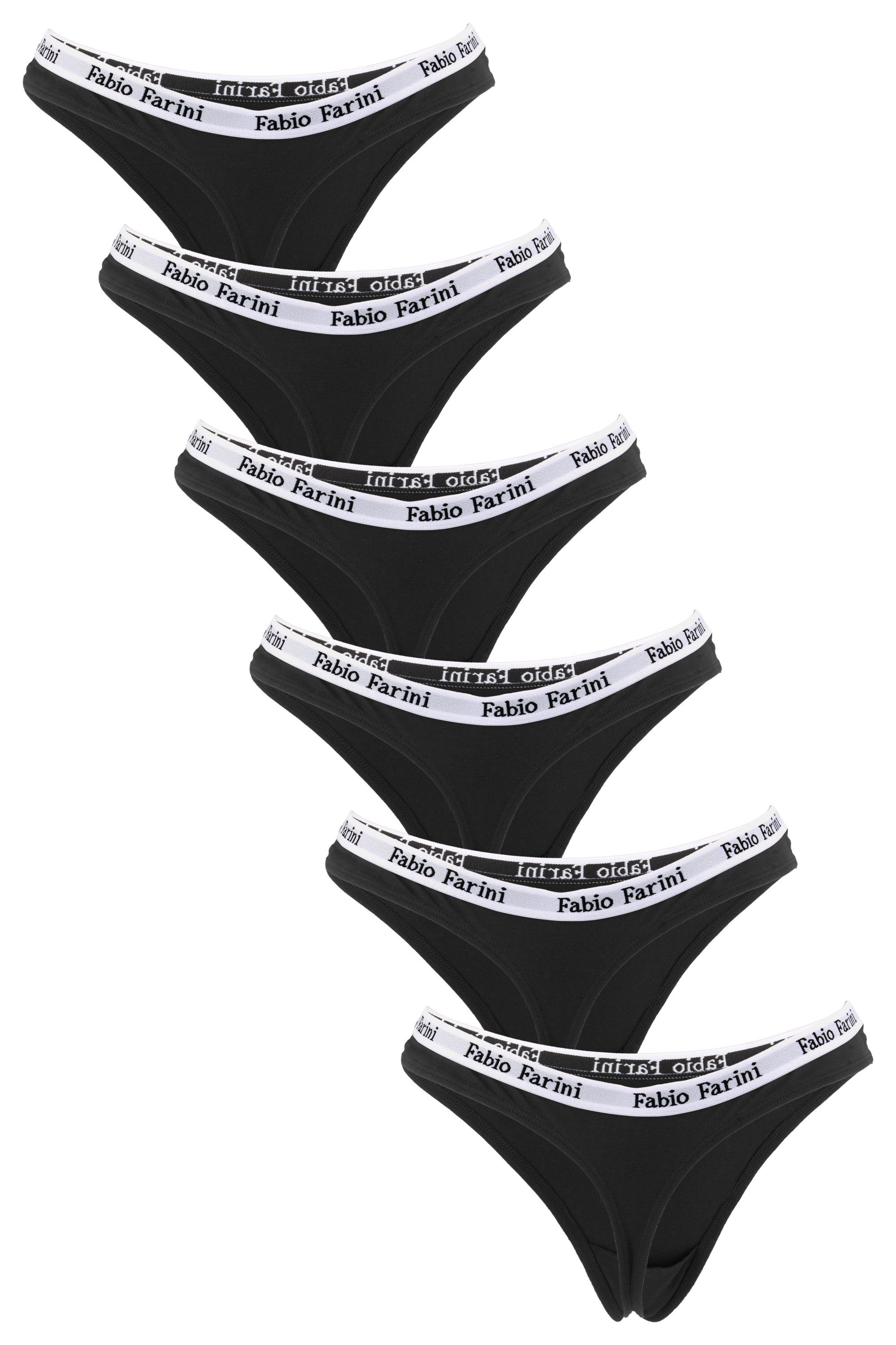 (Packung, Schwarz Frauen Damen Look Fabio 6-St) Tanga Designerbündchen im String - aus Unterhosen Farini Baumwolle mit sportlichen