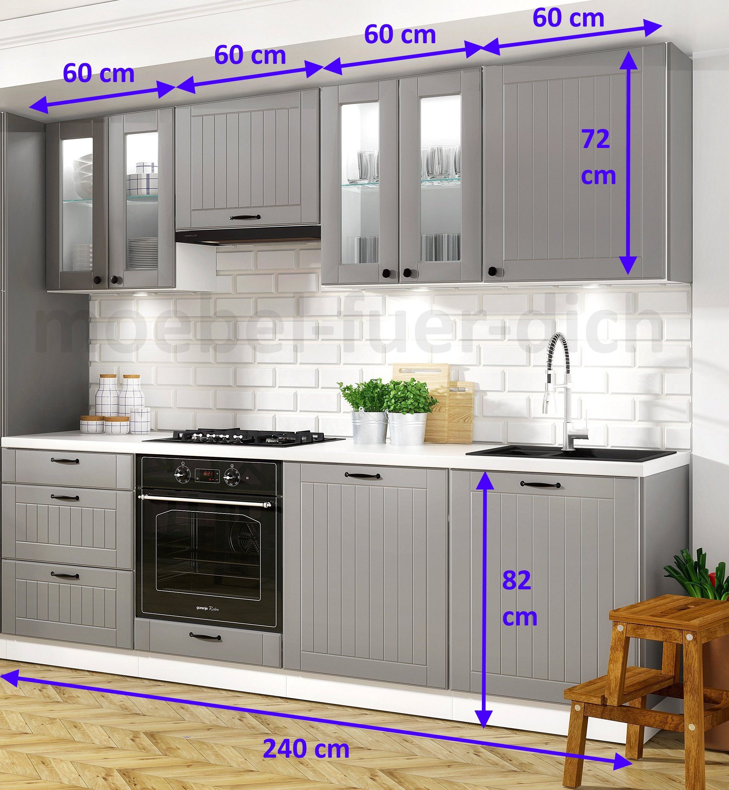 Möbel für Dich Küchenzeile Landhausküche Lora Einbauküche 240 cm 8-teilig, mit Lamellenfronten in Weiß, Beige oder Grau – Bild 2 von 5