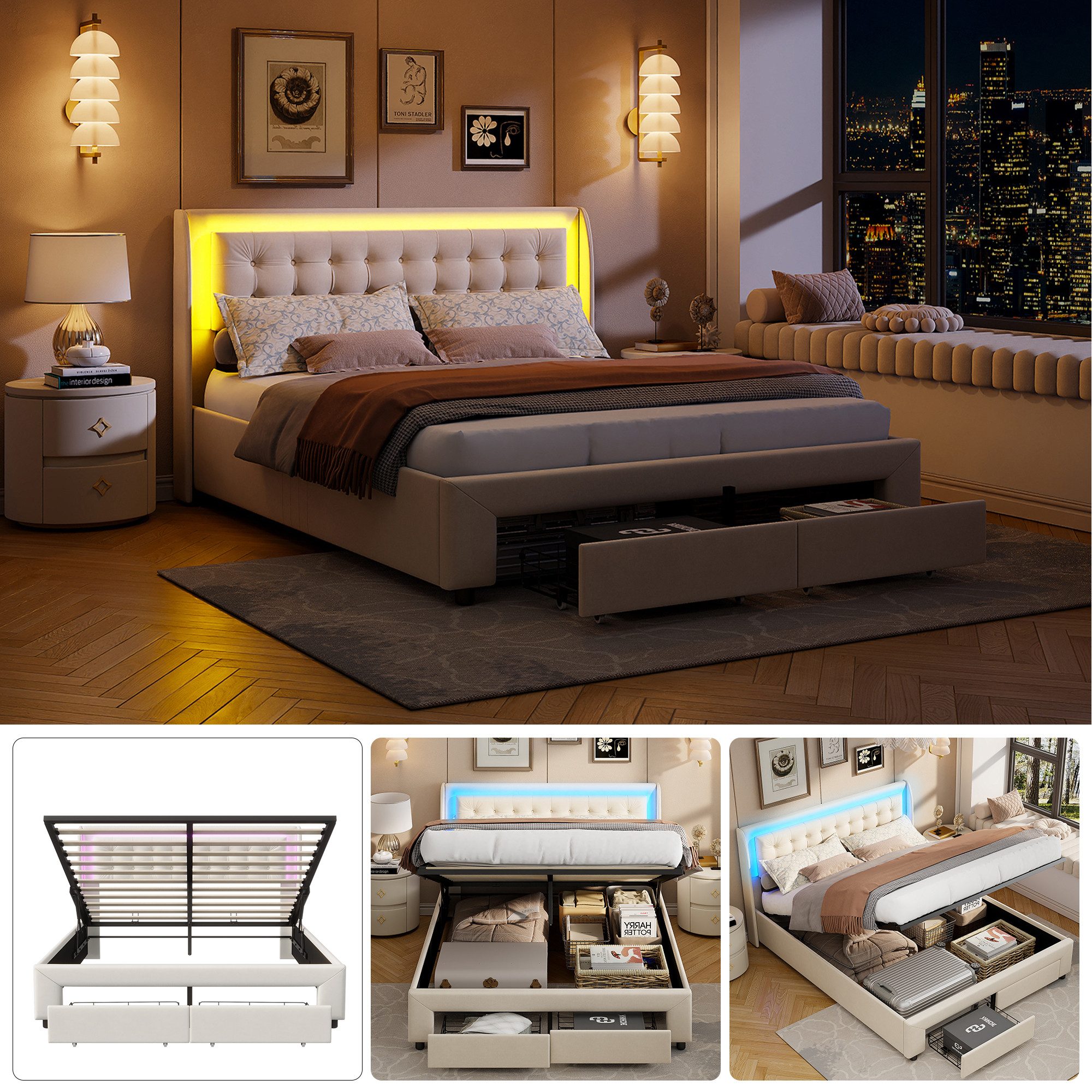 Furnishings Home Polsterbett Stauraumbett Doppelbett LED günstig online kaufen