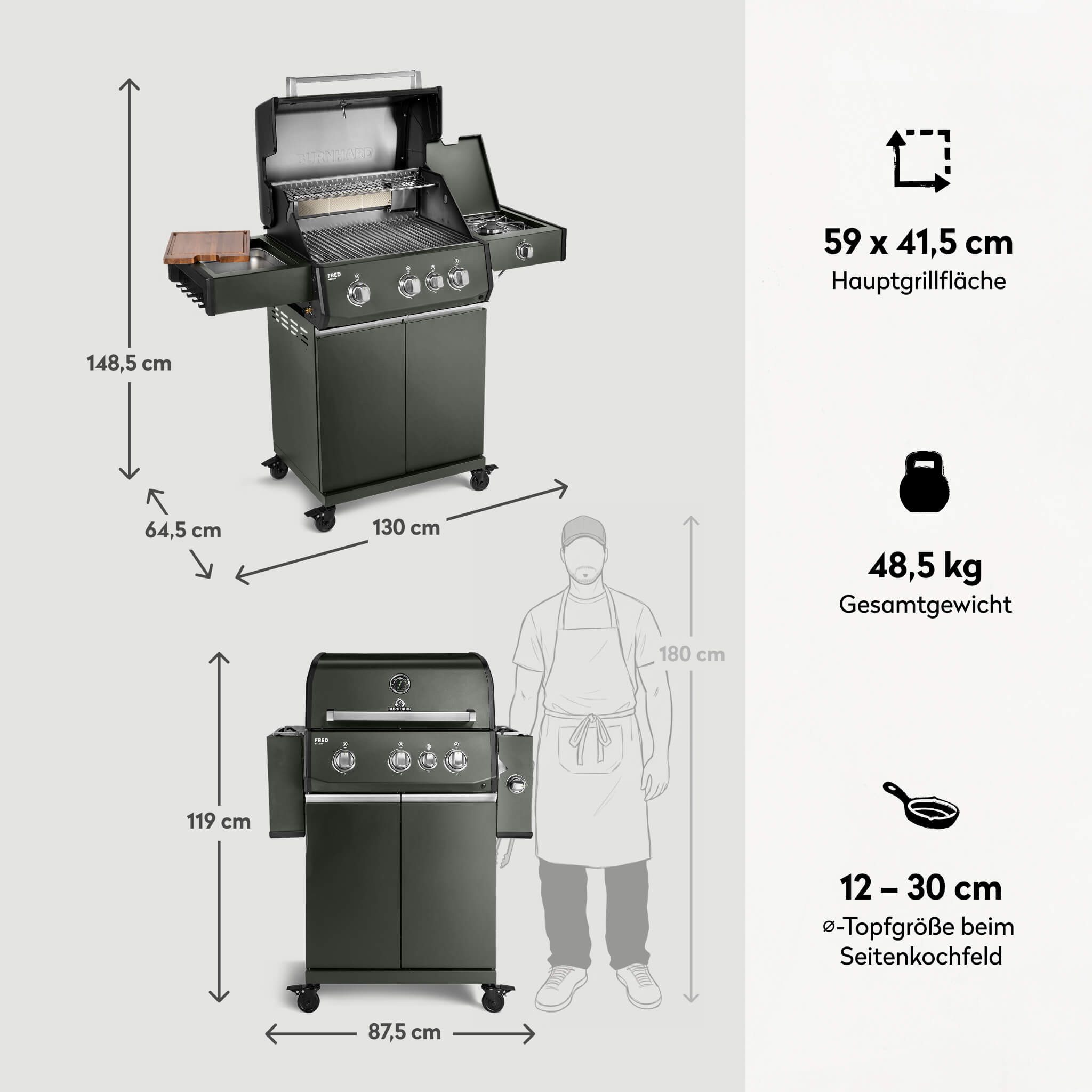 BURNHARD® Gasgrill 3-Brenner, 2x Edelstahl-Stabbrenner, 3,75 kW, Infrarot-Keramikbrenner, Heckbrenner, Seitenkochfeld, Edelstahlrost, Piezo-Zündung – FRED Deluxe