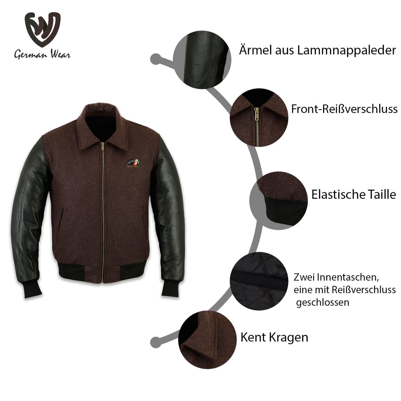 Collegejacke Wear mit German Wolljacke Lederärmeln CJ001 Dunkelbraun Collegejacke