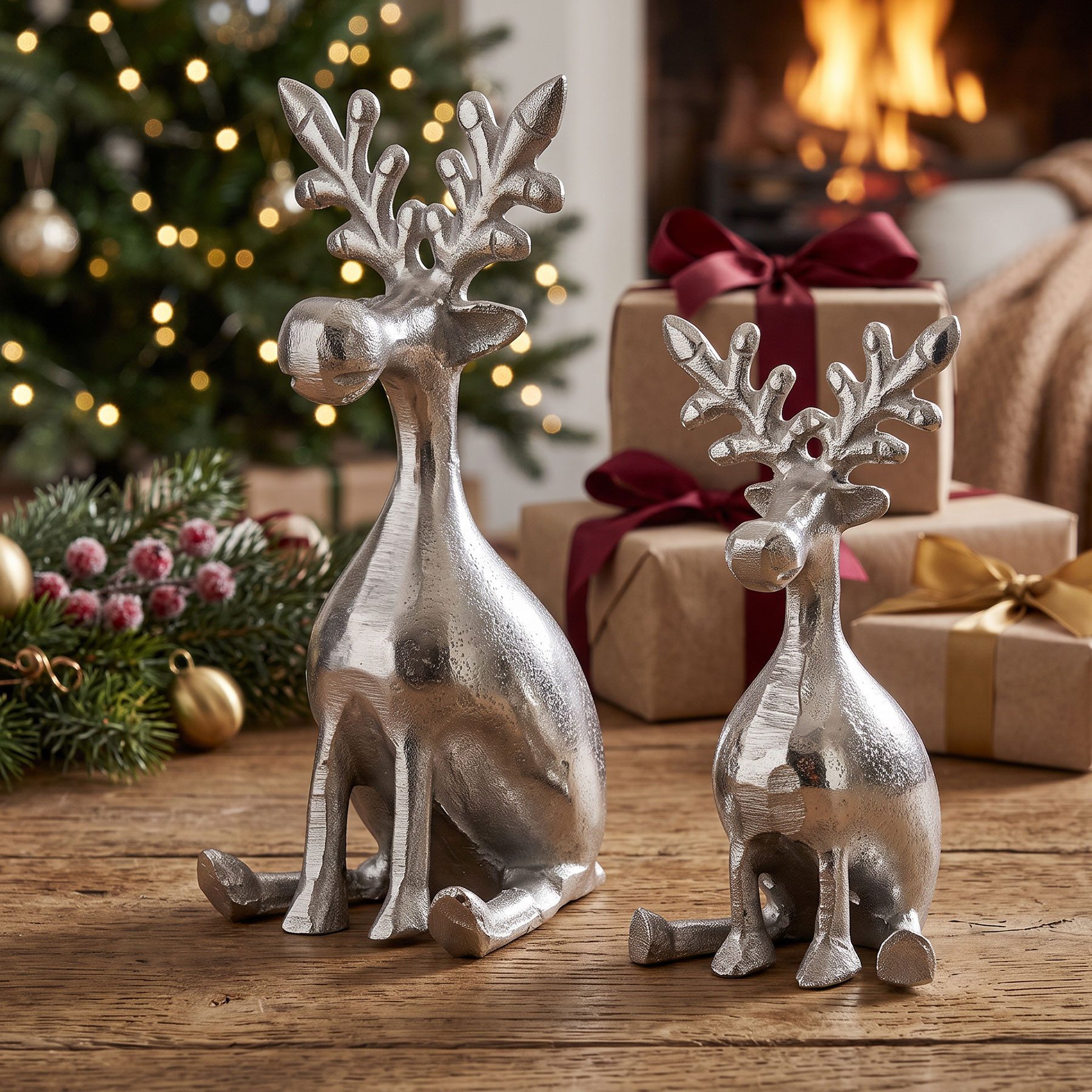 Levandeo® Dekoobjekt, 2er Set Rentiere Metall Silber Hirsche Deko Tischdeko Weihnachtsdeko