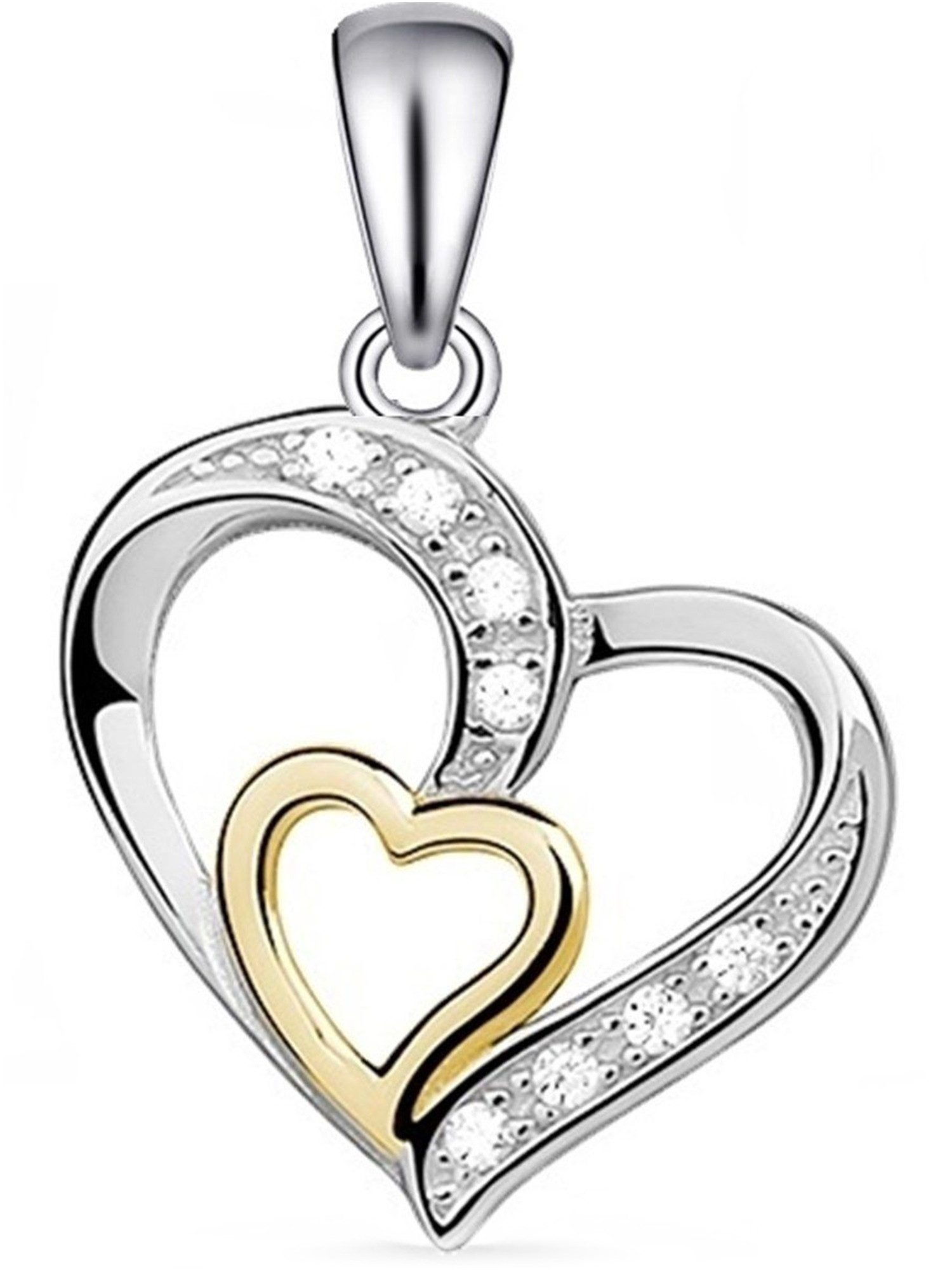 Goldene Hufeisen Herzanhänger Herz Anhänger 925 Silber mit Zirkonia Kristall Kettenanhänger Bicolor (1 Stück, inkl. Geschenkbox), Rhodiniert, teilvergoldet