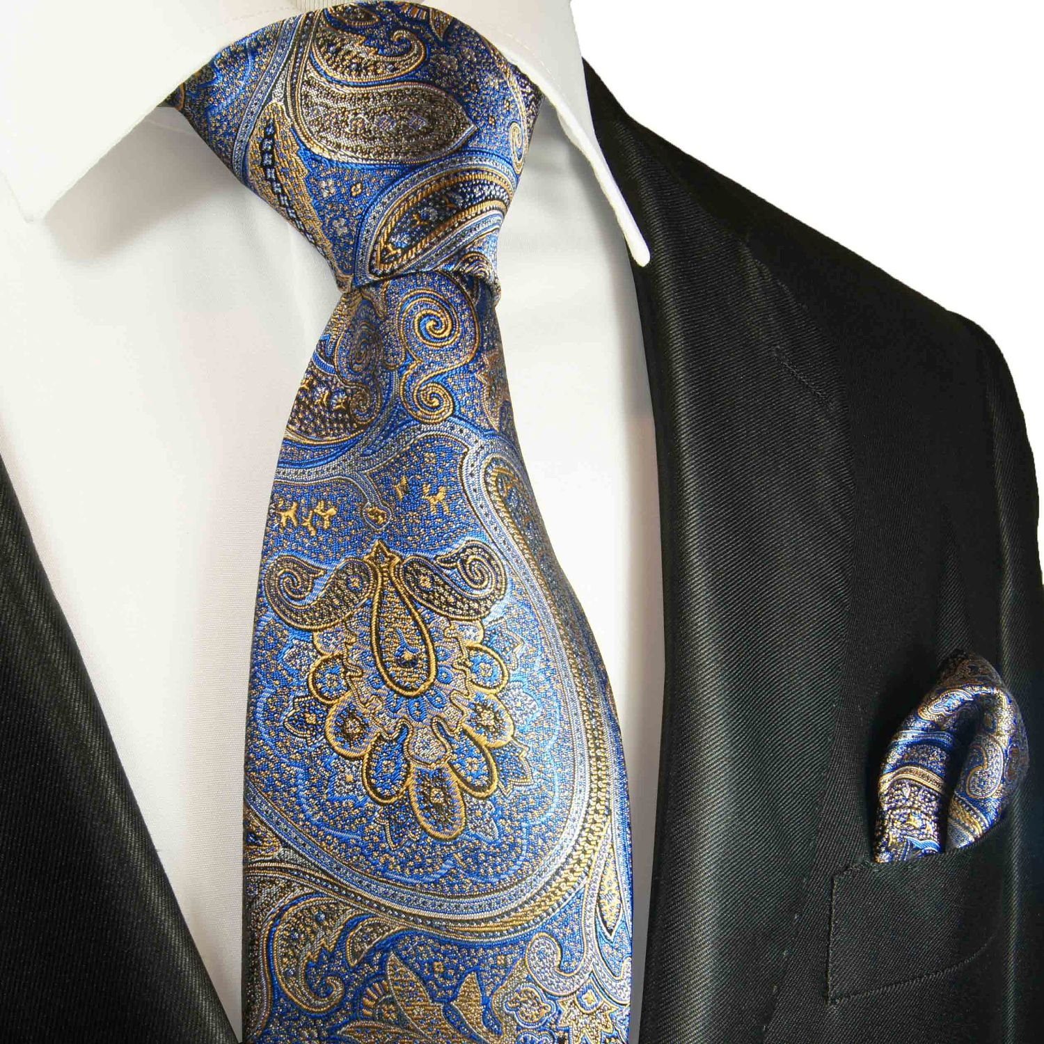 Seide (8cm), Elegante Paul Herren Seidenkrawatte 100% paisley (Set, Tuch Breit Malone Krawatte 2094 mit mit Einstecktuch) Krawatte blau brokat 2-St., gold