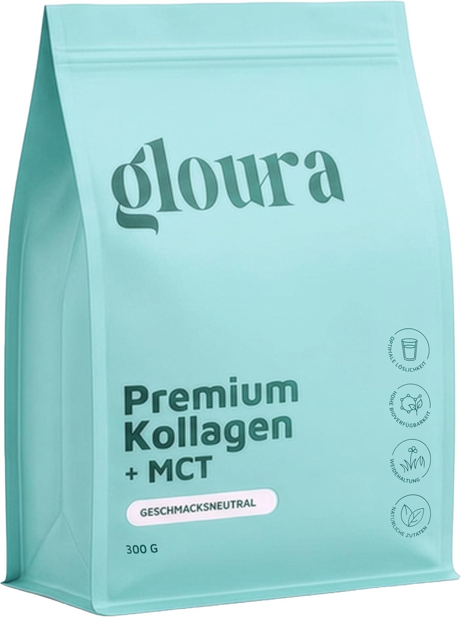 Gloura MCT Kollagen Pulver – Premium Hydrolysat Typ 1 & 3, 300 g Pulver, 1 er 300 g, Frei von Zusatzstoffen, geschmacksneutral, gut löslich