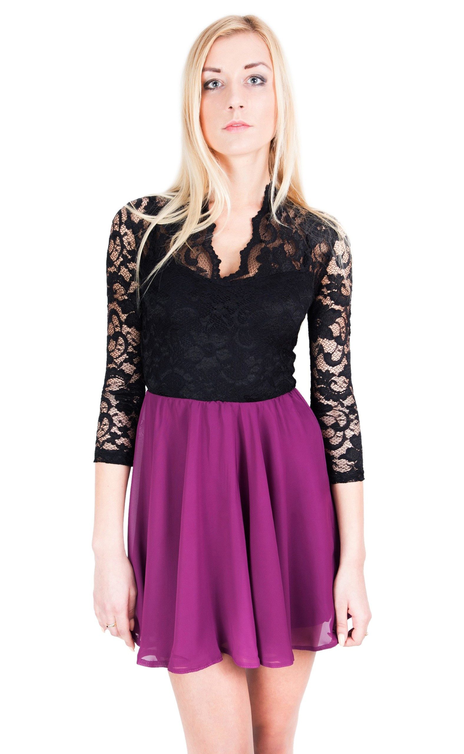 Minikleid John Zack Schwarzes-violett Minikleid Spitze/Chiffon L