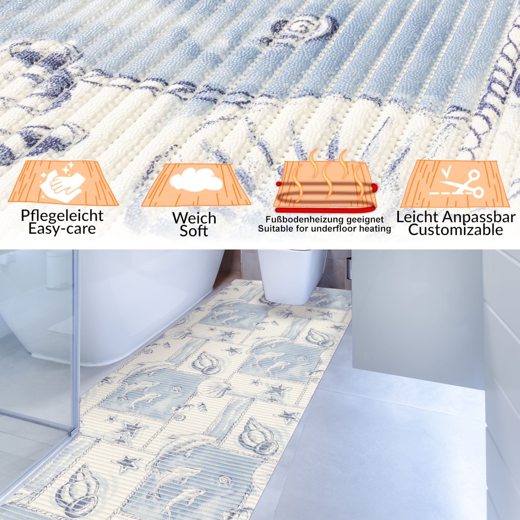 ANRO Schaum-Badematte Antirutschmatte Weichschaummatte Badezimmer Premium, Höhe 5 mm, strapazierfähig, Drainage Effekt, Rillen, wasserdurchlässig, rutschhemmend, pflegeleicht, Weich, fußbodenheizungsgeeignet, schnell trocknend, Rutschhemmend, mit Drainagelöchern, Praktisch, PVC, Eckig, Badteppich Weichschaum 100x65cm Delfine Blau-Weiß