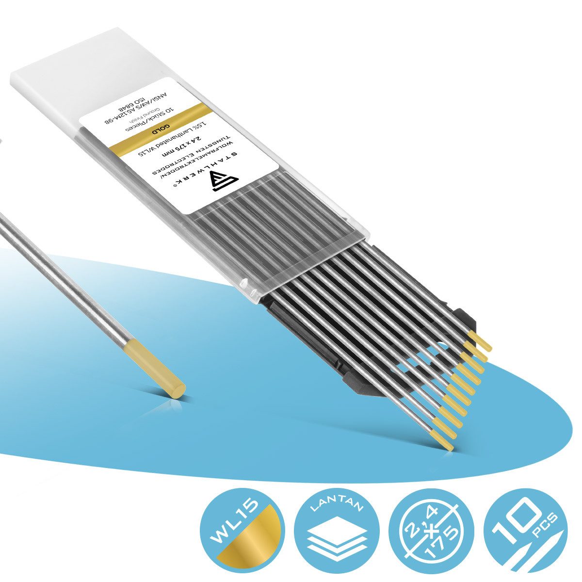 STAHLWERK Stabelektroden 10 x WIG Wolfram Schweißelektroden WL Gold 2,4 mm, (Packung), Universalelektrode für nahezu alle Anwendungen bis 220 A