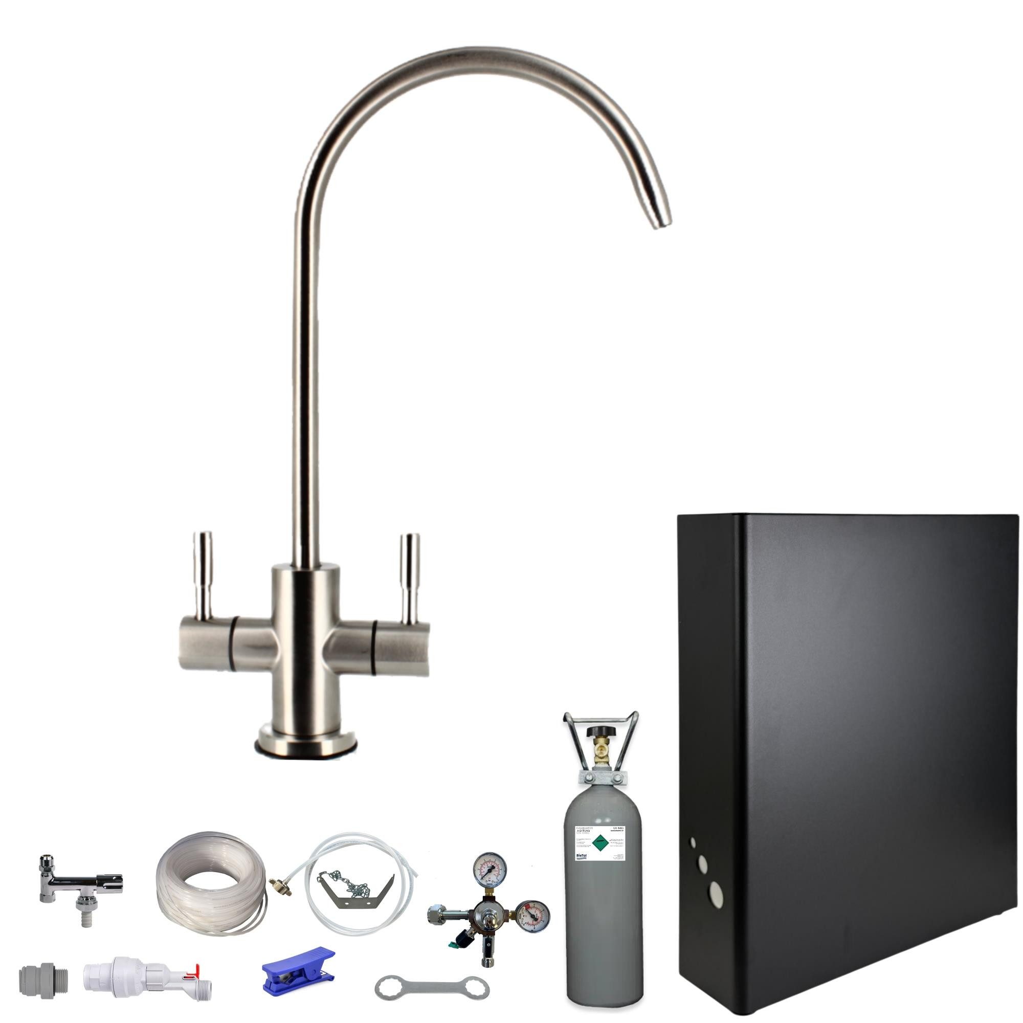 BieTal Wassersprudler BieTal® Tafelwassergerät OHNE Kühlung 50L/h 2-ltg Wasser Hahn & Filter, (Set, 6kg CO2 Flasche-tlg., 2-Wege C Hahn Edelstahl 2-leitig), Sprudelwasseranlage Trinkwasser Wasserspender OHNE Kühlung
