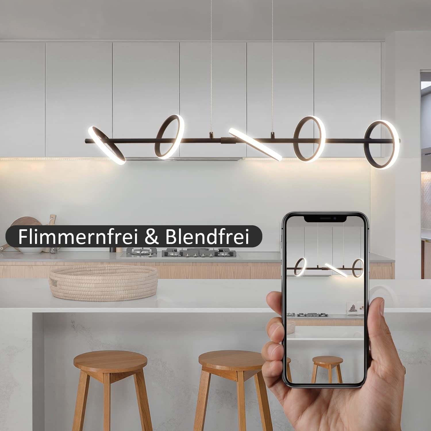 ZMH LED Pendelleuchte Modern Esstisch Drehbaren Abnehmbar Ringen Hängeleuchte Schlafzimmer, dimmbar, LED fest integriert, Tageslichtweiß, Tageslichtweiß
