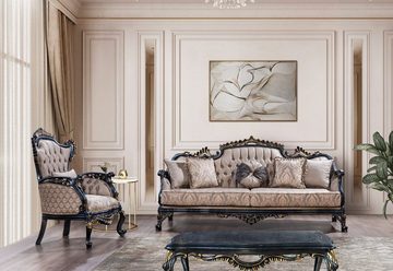 Casa Padrino Sessel Casa Padrino Luxus Barock Sessel Grau / Blau / Gold - Prunkvoller Wohnzimmer Sessel mit elegantem Muster - Luxus Wohnzimmer Möbel im Barockstil - Barock Möbel - Barock Einrichtung