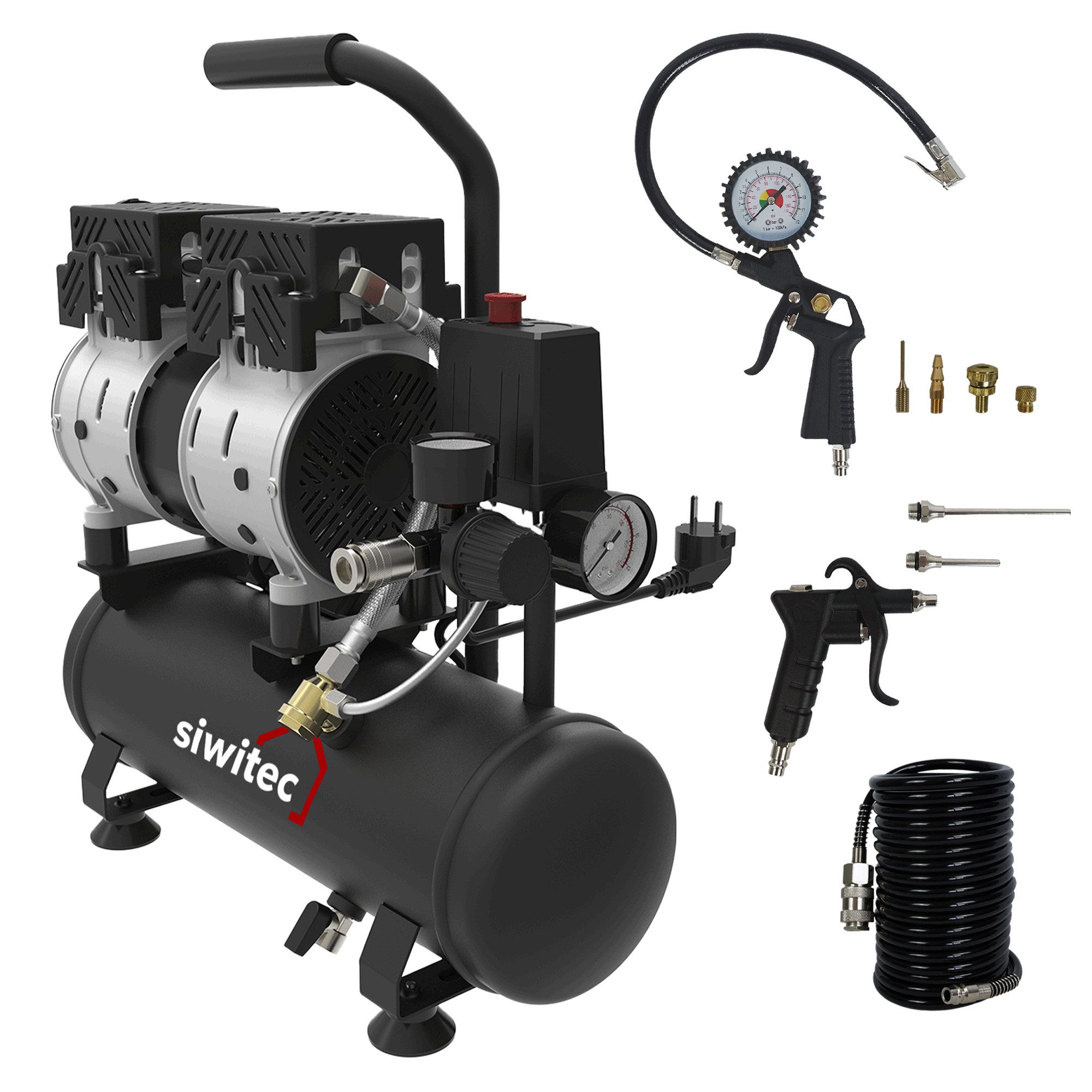 Kompressor Flüsterkompressor 550W Set mit 5m Druckluftschlauch, Pistole