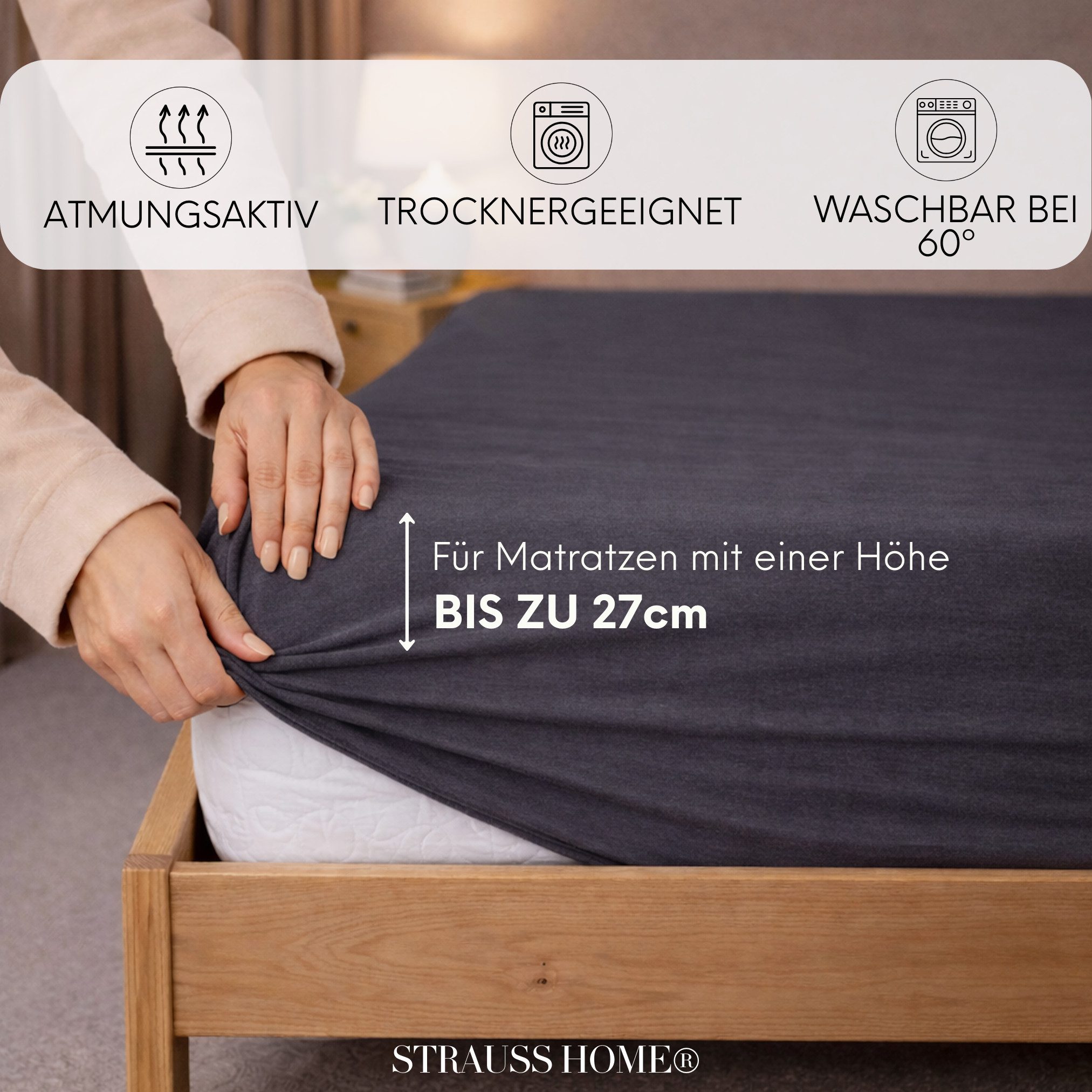 Strauss Home Spannbettlaken Premium 160 g/m² Gekämmte Baumwolle Jersey in Hotelqualität, Gummizug: Rundumgummi, OEKO-TEX®-zertifiziert - Hotelqualität – Formstabil & Langlebig