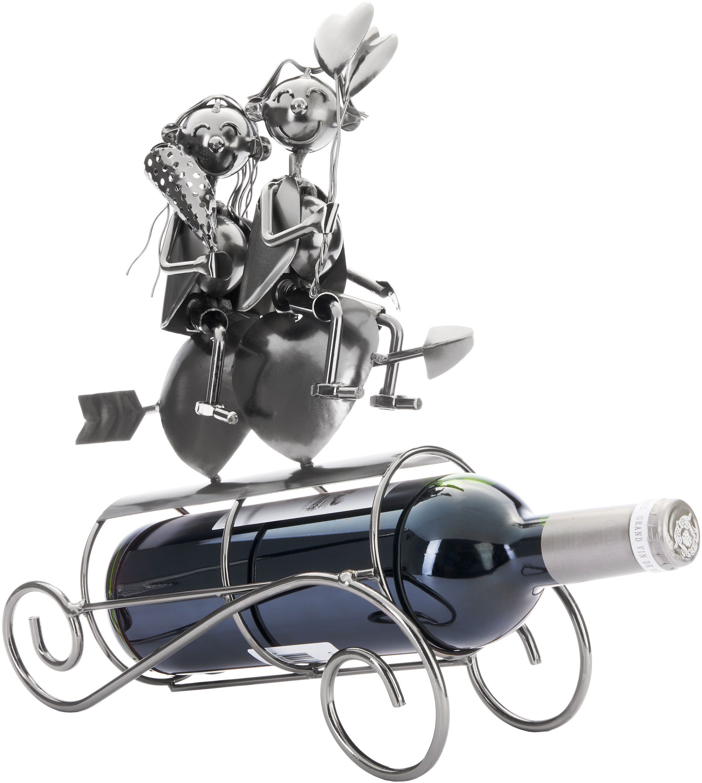 BRUBAKER Weinflaschenhalter Liebespaar auf Herz Pfeil - Metall Flaschenhalter Paar mit Ballons, (Wein Geschenk zum Valentinstag, 1-St), 34 cm Dekoration Flaschenständer mit Grußkarte